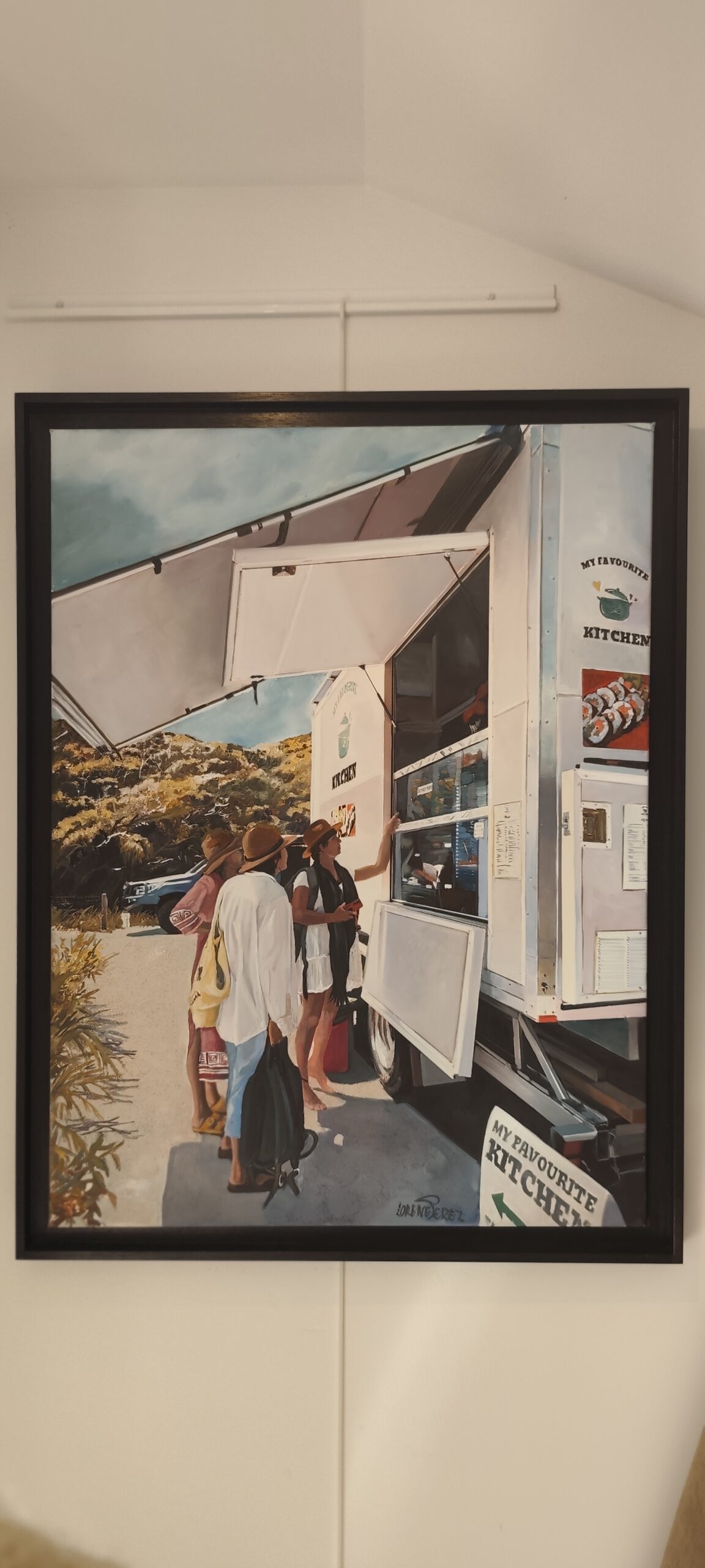 Tableau réaliste d’un food truck et de ses clients, dans un cadre noir