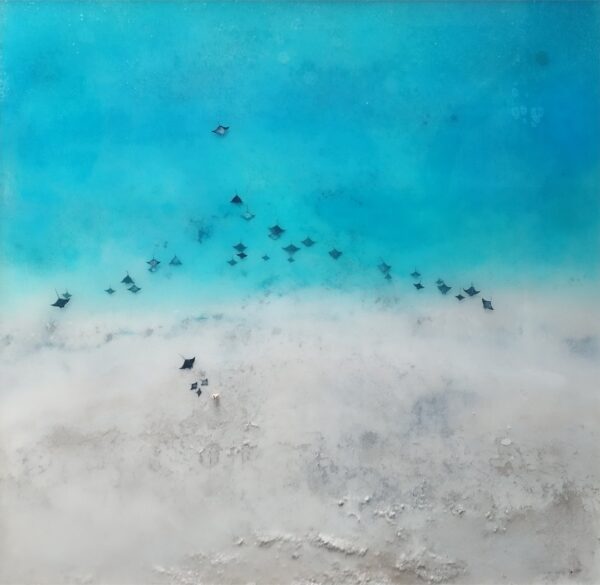 Nées de la mer, tableau de Nathalie Bonetti : un banc de raies remonte vers le sable où avancent deux silhouettes